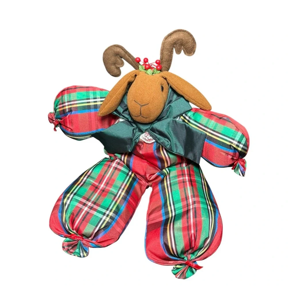 Vintage 90s Christmas‎ Reindeer Plush Stuffed Animal Tartan Plaid Sitter Nylon